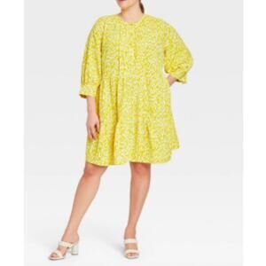 Who What Wear Yellow Leopard Print Tiered‎ Dress - M (2842)